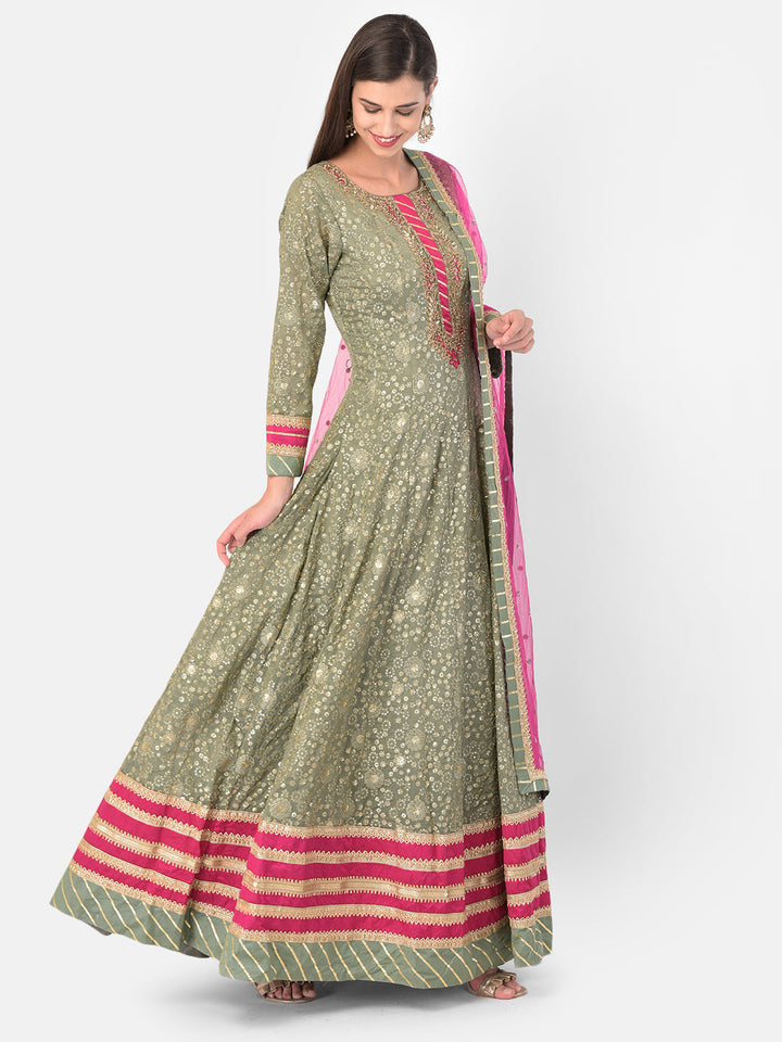 Neerus Green Georgette Maxi Gown - back view