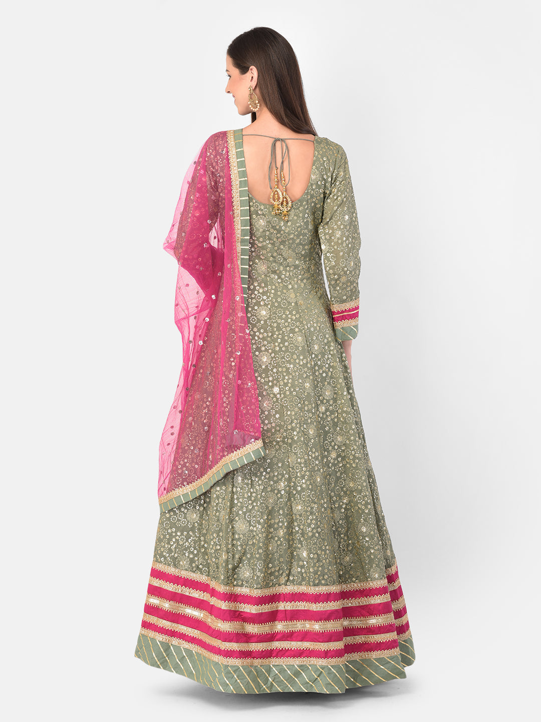 Neerus Green Georgette Maxi Gown - side view