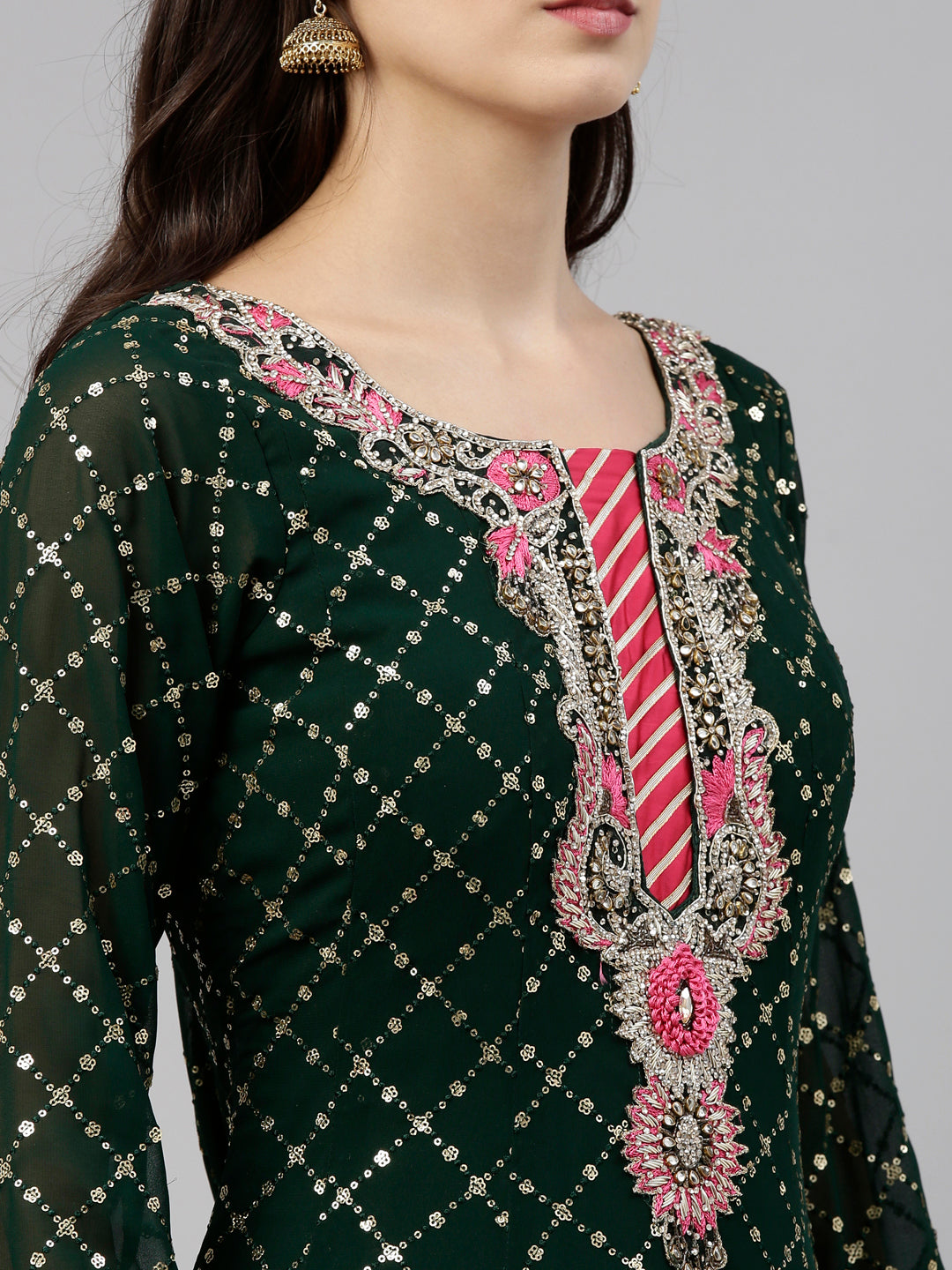 Neerus Green Georgette Gown - back view