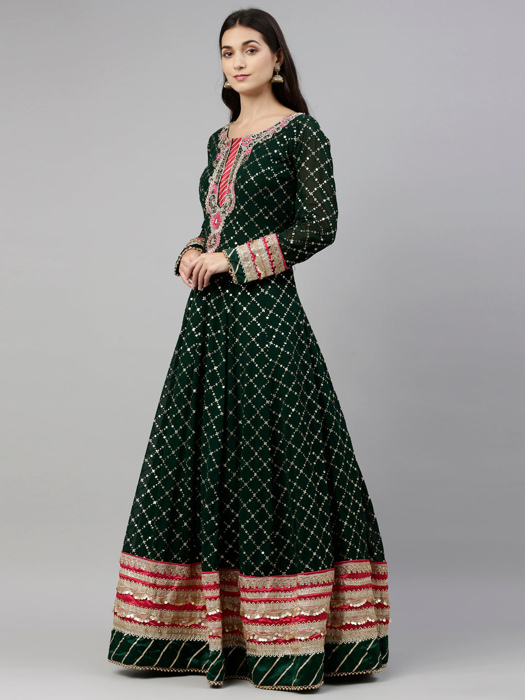 Neerus Green Georgette Gown - detail view 2