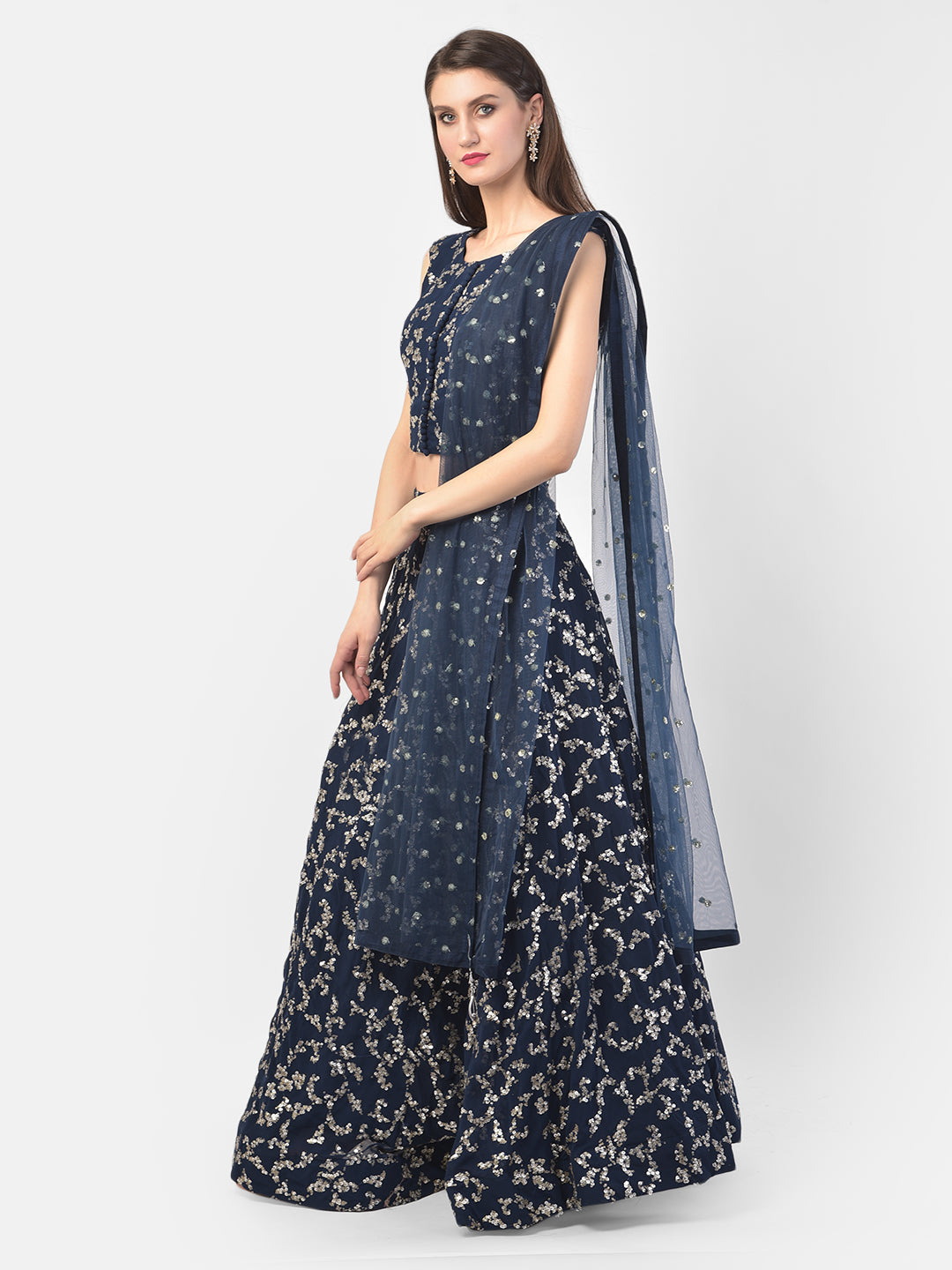 Neerus Blue Georgette Embellished Lehenga Set - front view
