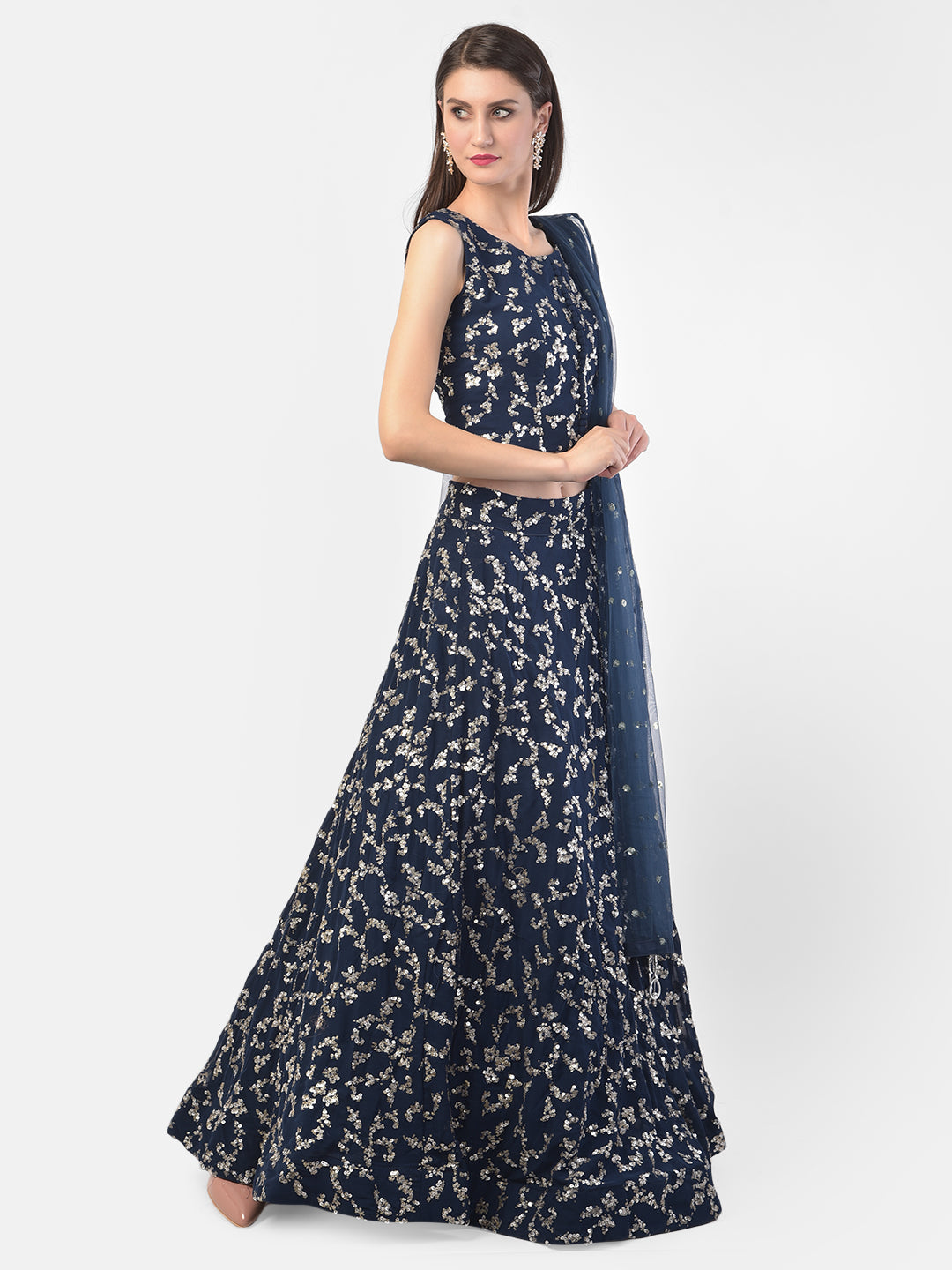 Neerus Blue Georgette Embellished Lehenga Set - back view