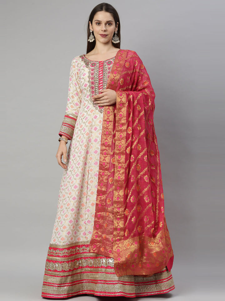 Neerus White Banarasi woven anarkali suit set - front view