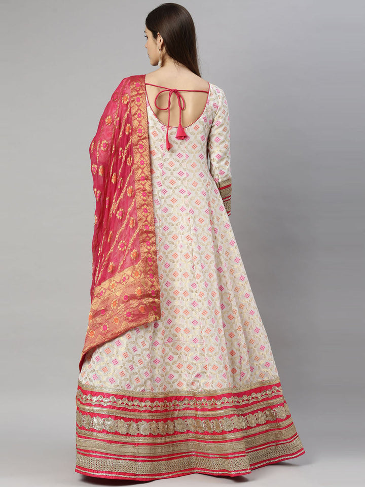 Neerus White Banarasi woven anarkali suit set - detail view 4