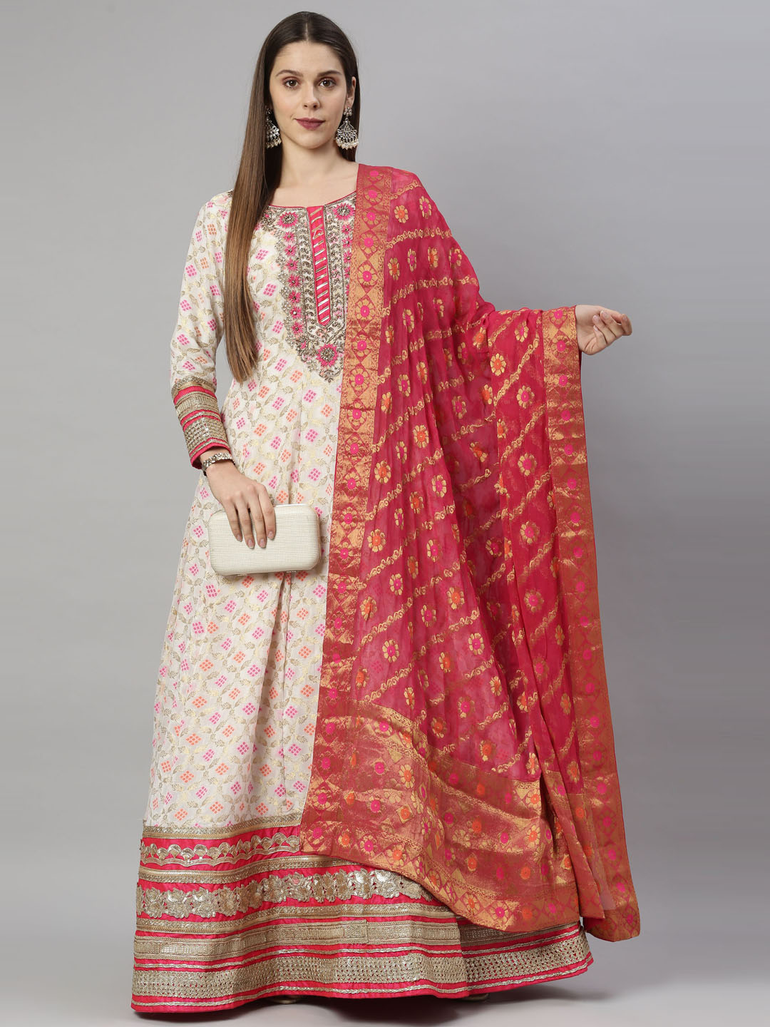 Neerus White Banarasi woven anarkali suit set - detail view 5