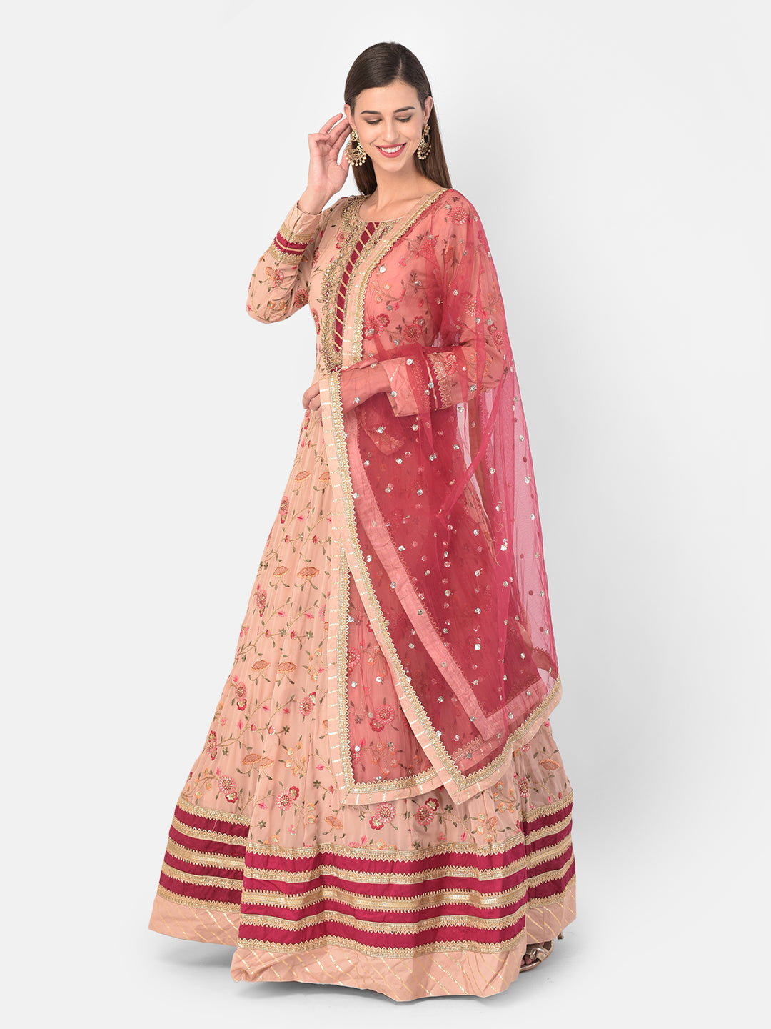Neerus Beige georgette solid gown - front view