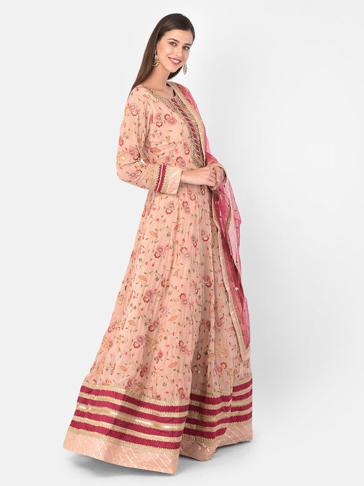 Neerus Beige georgette solid gown - back view
