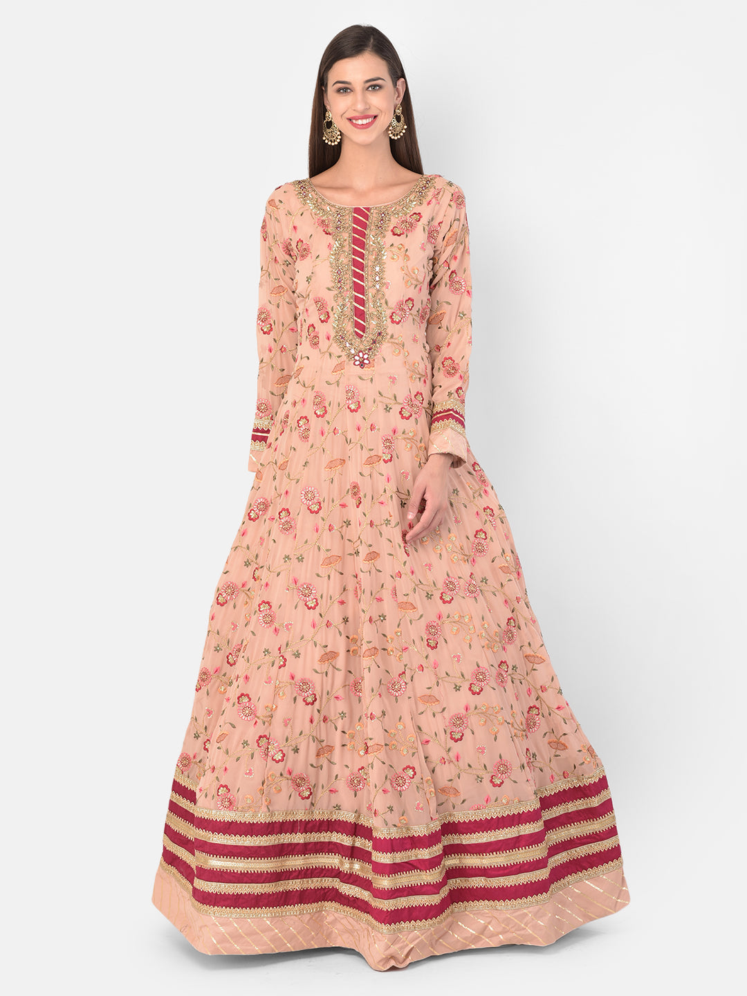 Neerus Beige georgette solid gown - detail view 2