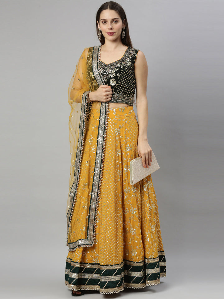 Neerus Yellow georgette embellished lehenga set - front view