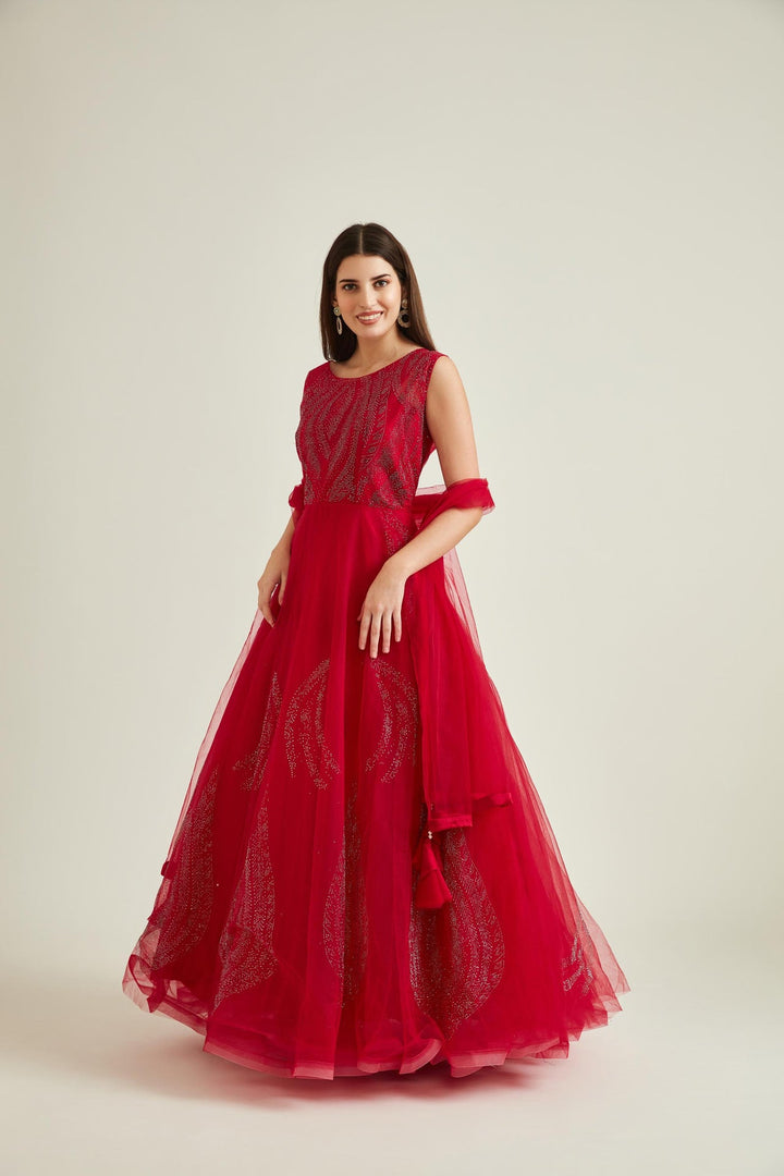Neerus Pink net embellished gown - front view