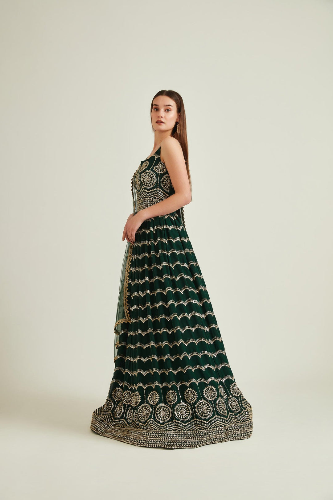 Neerus Green georgette embroidered gown - back view