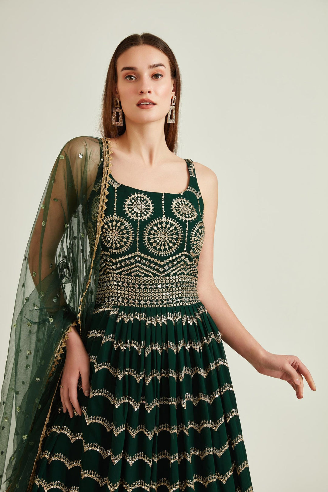 Neerus Green georgette embroidered gown - detail view 1