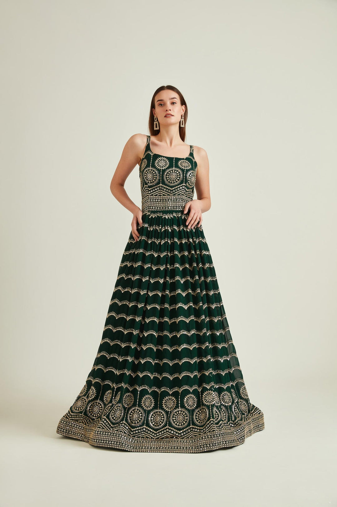 Neerus Green georgette embroidered gown - front view