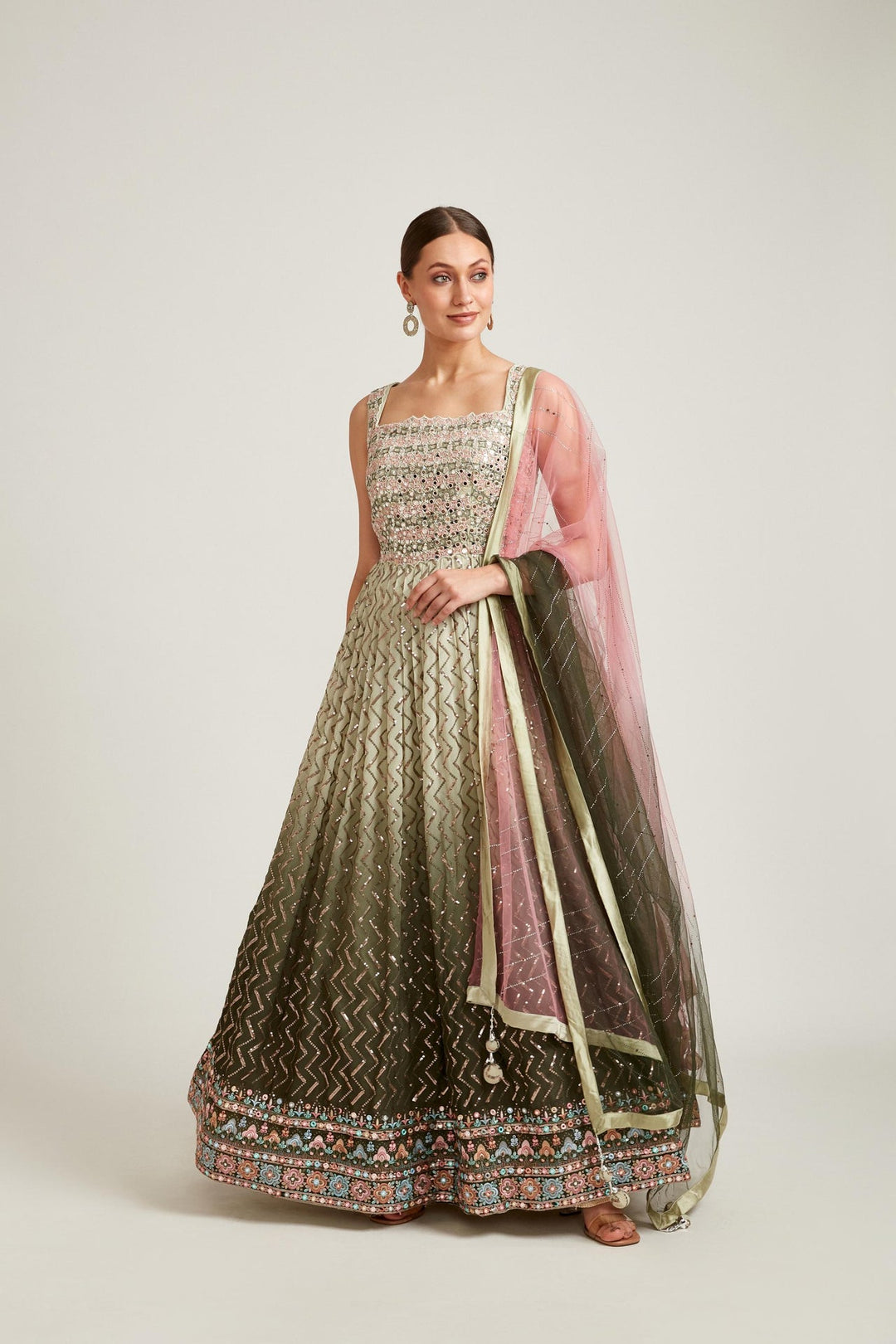 Neerus Green Georgette Solid Gown - front view