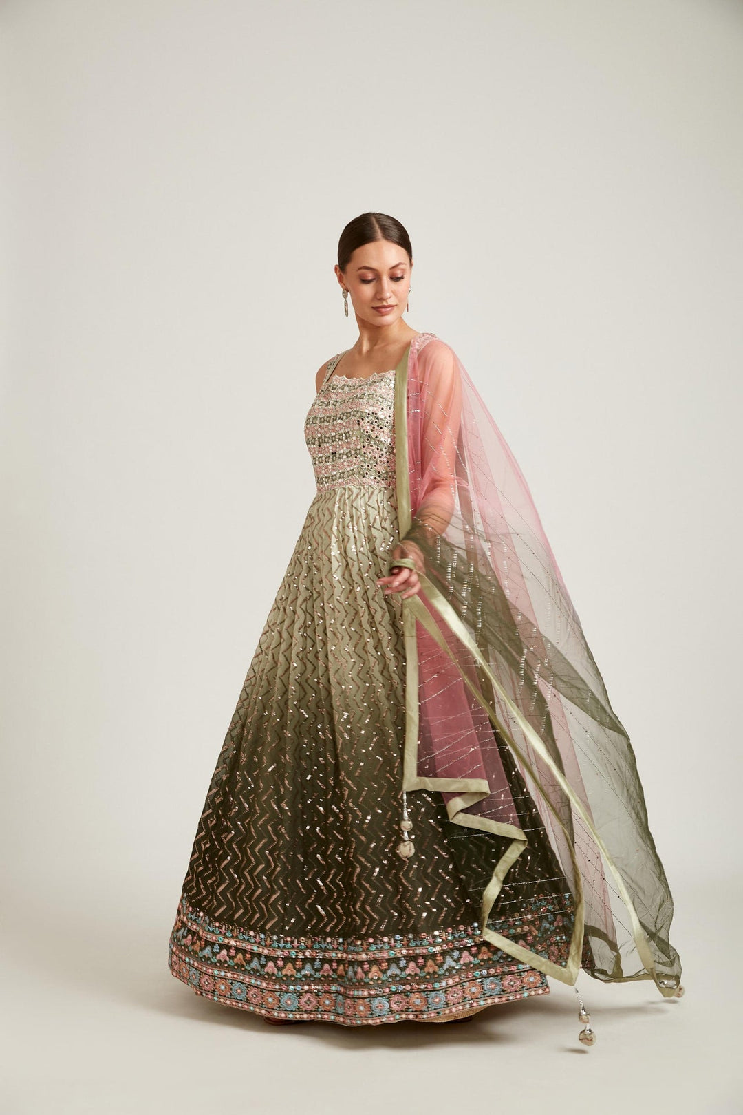 Neerus Green Georgette Solid Gown - back view