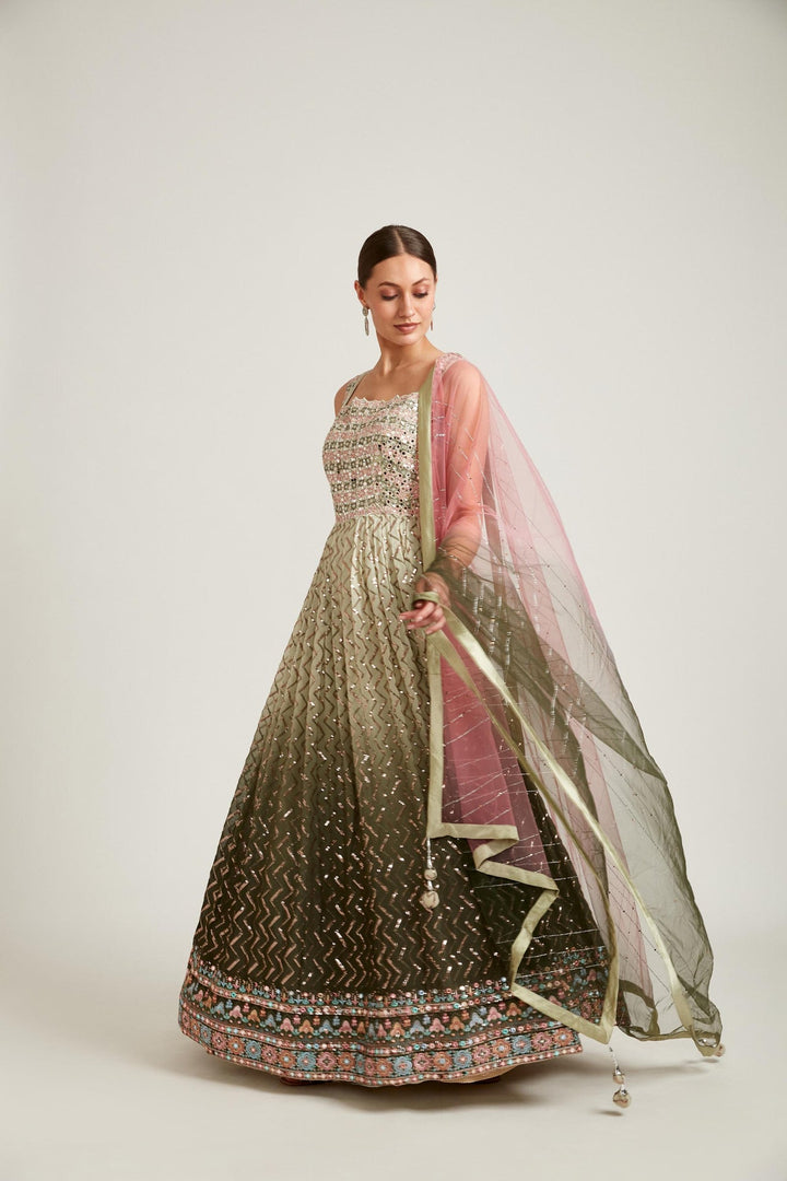 Neerus Green Georgette Solid Gown - back view
