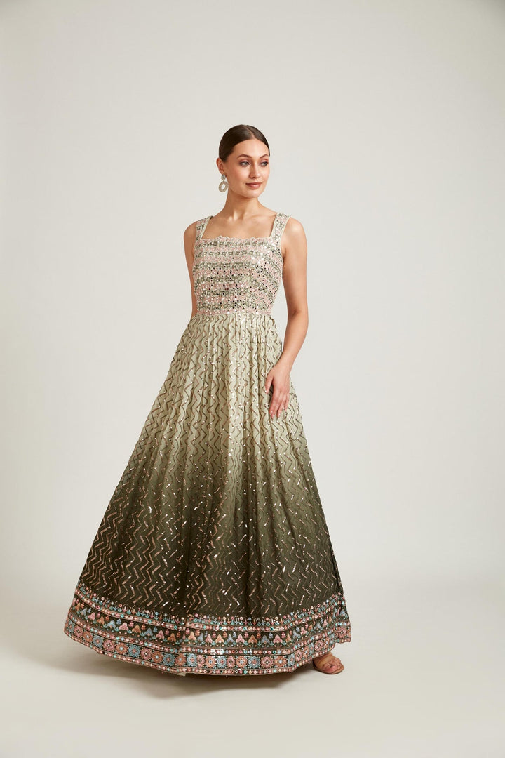 Neerus Green Georgette Solid Gown - side view