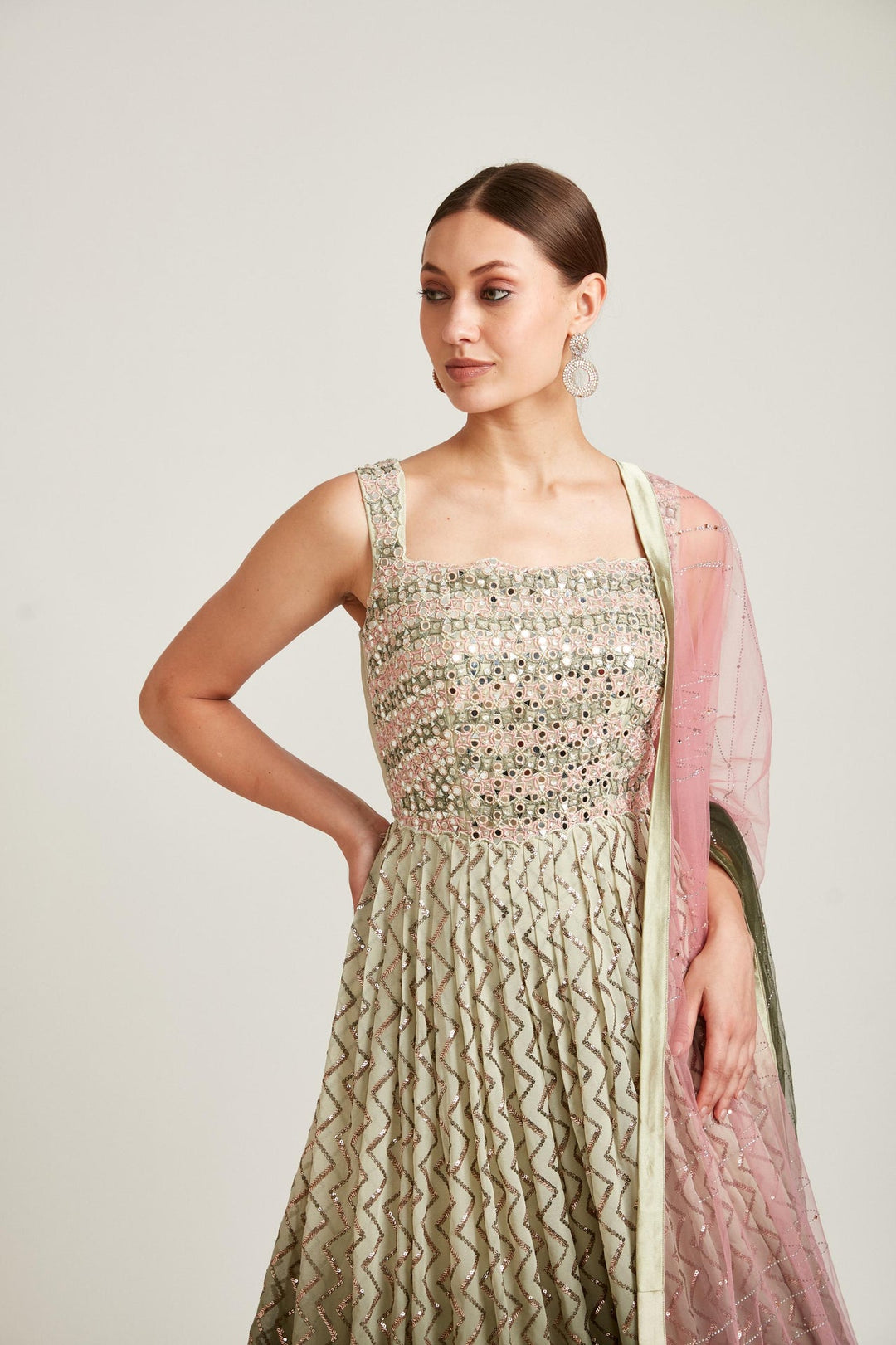 Neerus Green Georgette Solid Gown - detail view 2