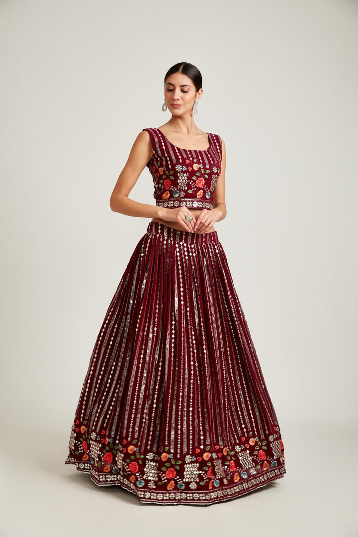 Neerus Maroon georgette embellished lehenga choli set - front view