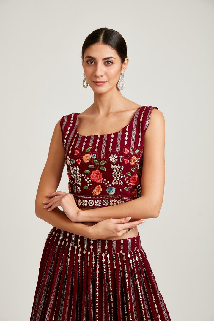 Neerus Maroon georgette embellished lehenga choli set - back view