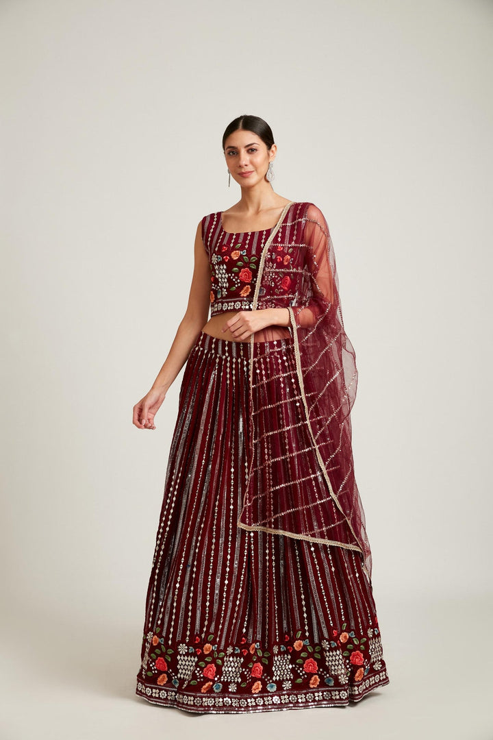 Neerus Maroon georgette embellished lehenga choli set - detail view 2