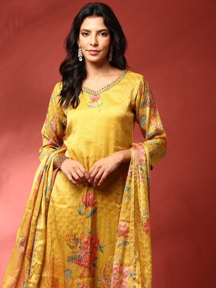 Mustard Floral printed crepe three piece suit set