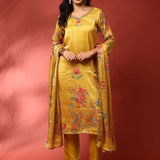 Mustard Floral printed crepe three piece suit set