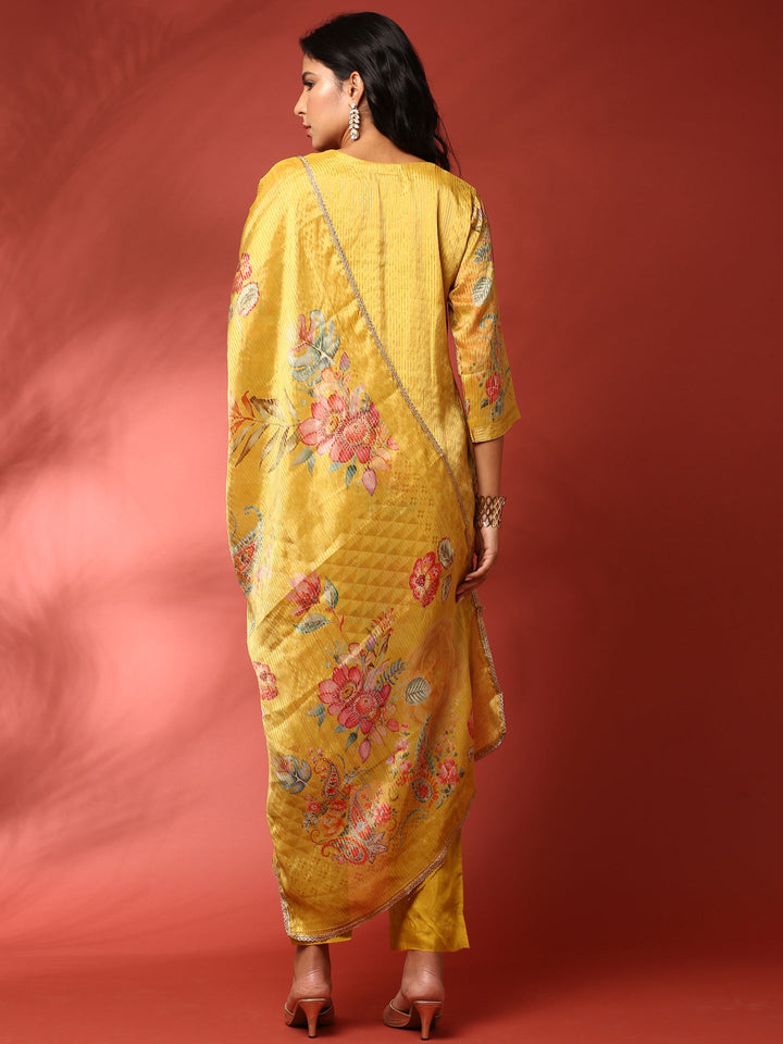 Mustard Floral printed crepe three piece suit set