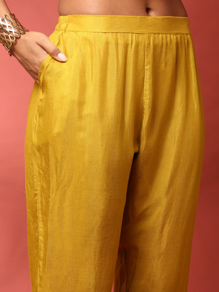 Mustard Floral printed crepe three piece suit set