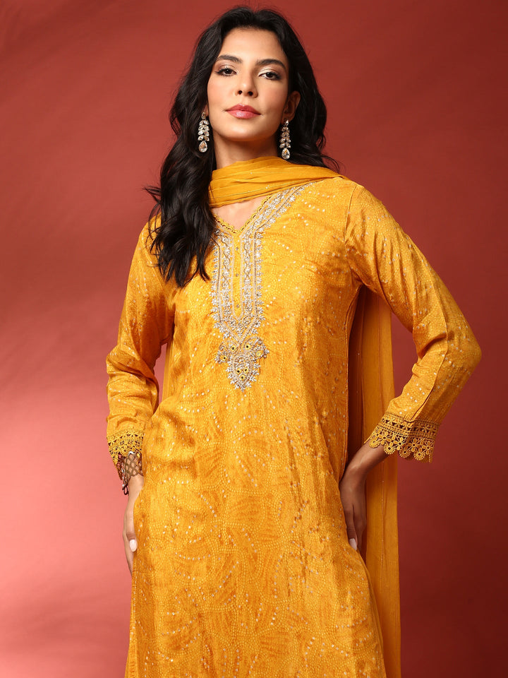Mustard Muslin Straight three piece hand embroidered suit set