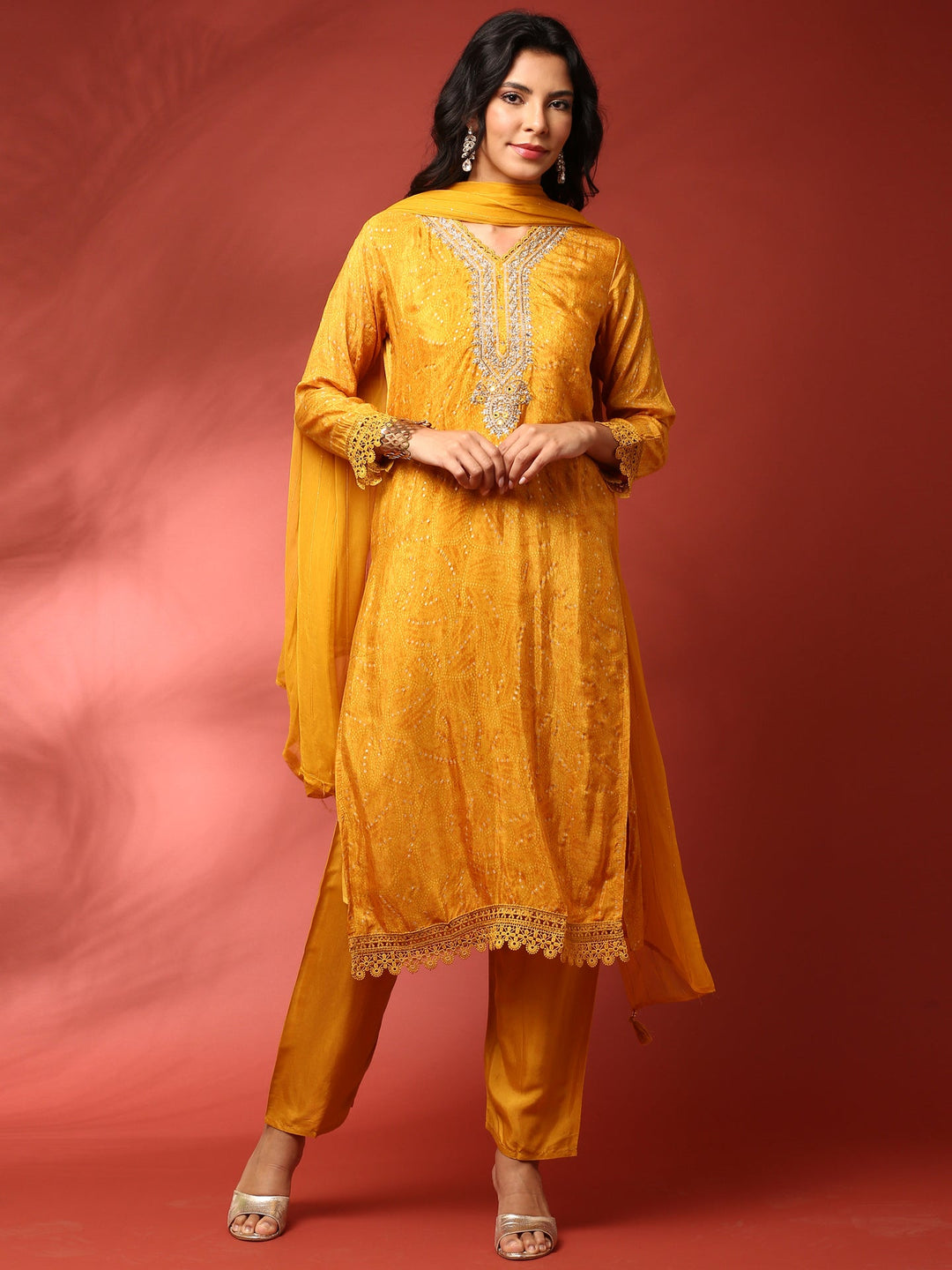 Neerus Yellow Muslin Hand Embroidered Suit Set - back view