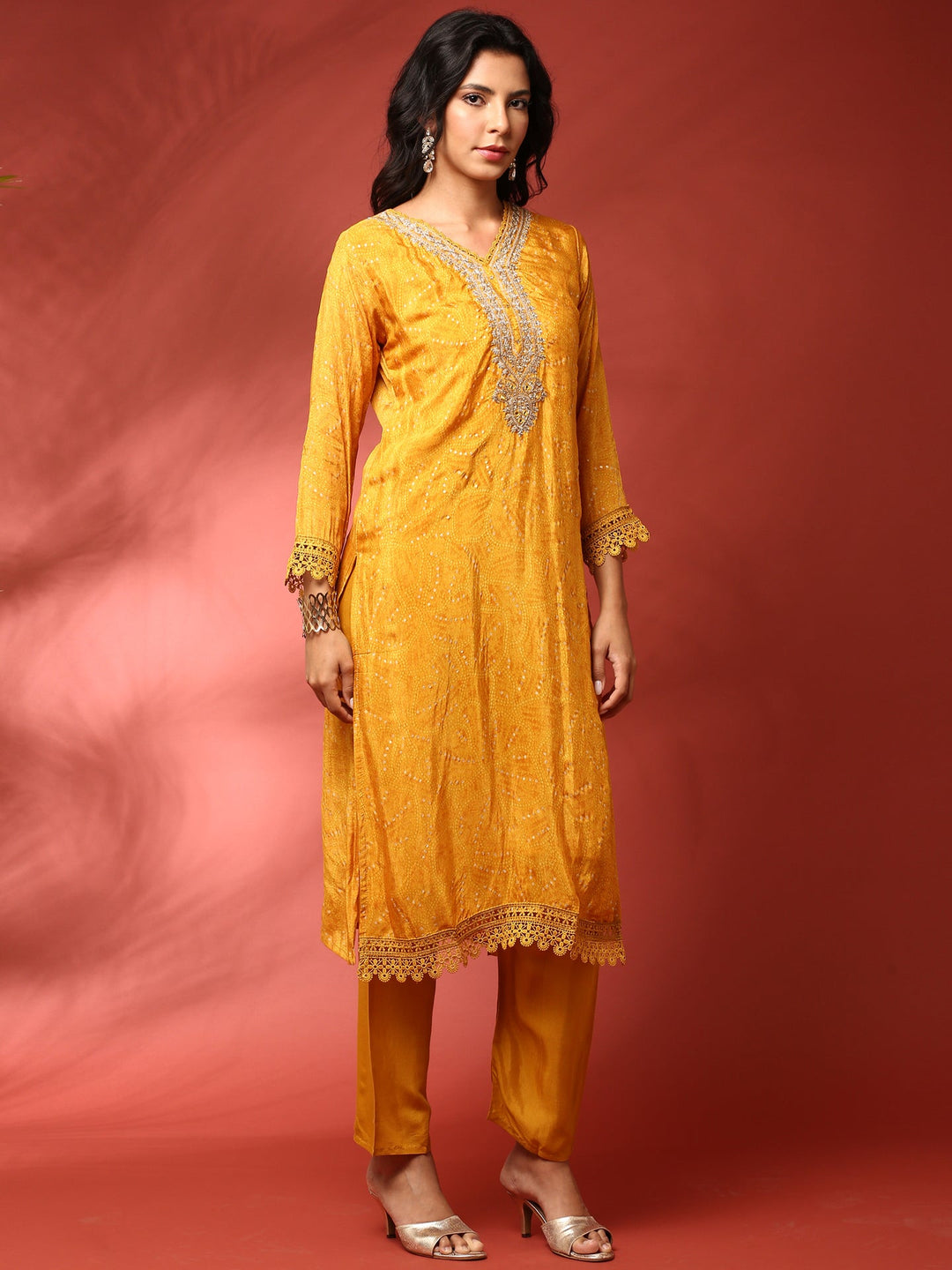 Neerus Yellow Muslin Hand Embroidered Suit Set - side view