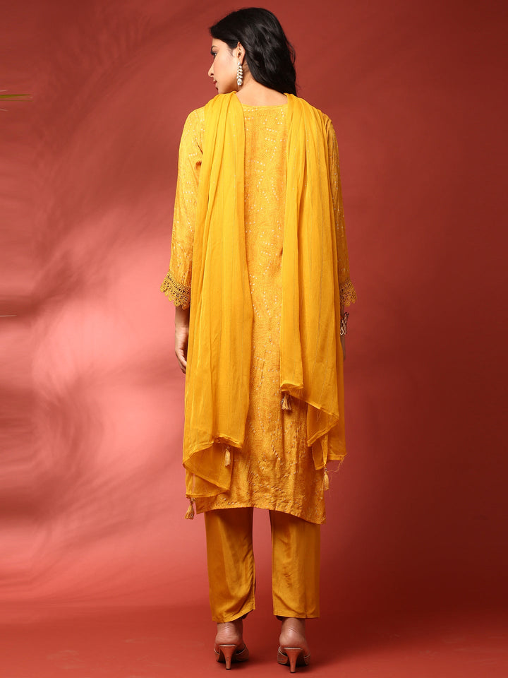 Neerus Yellow Muslin Hand Embroidered Suit Set - detail view 1