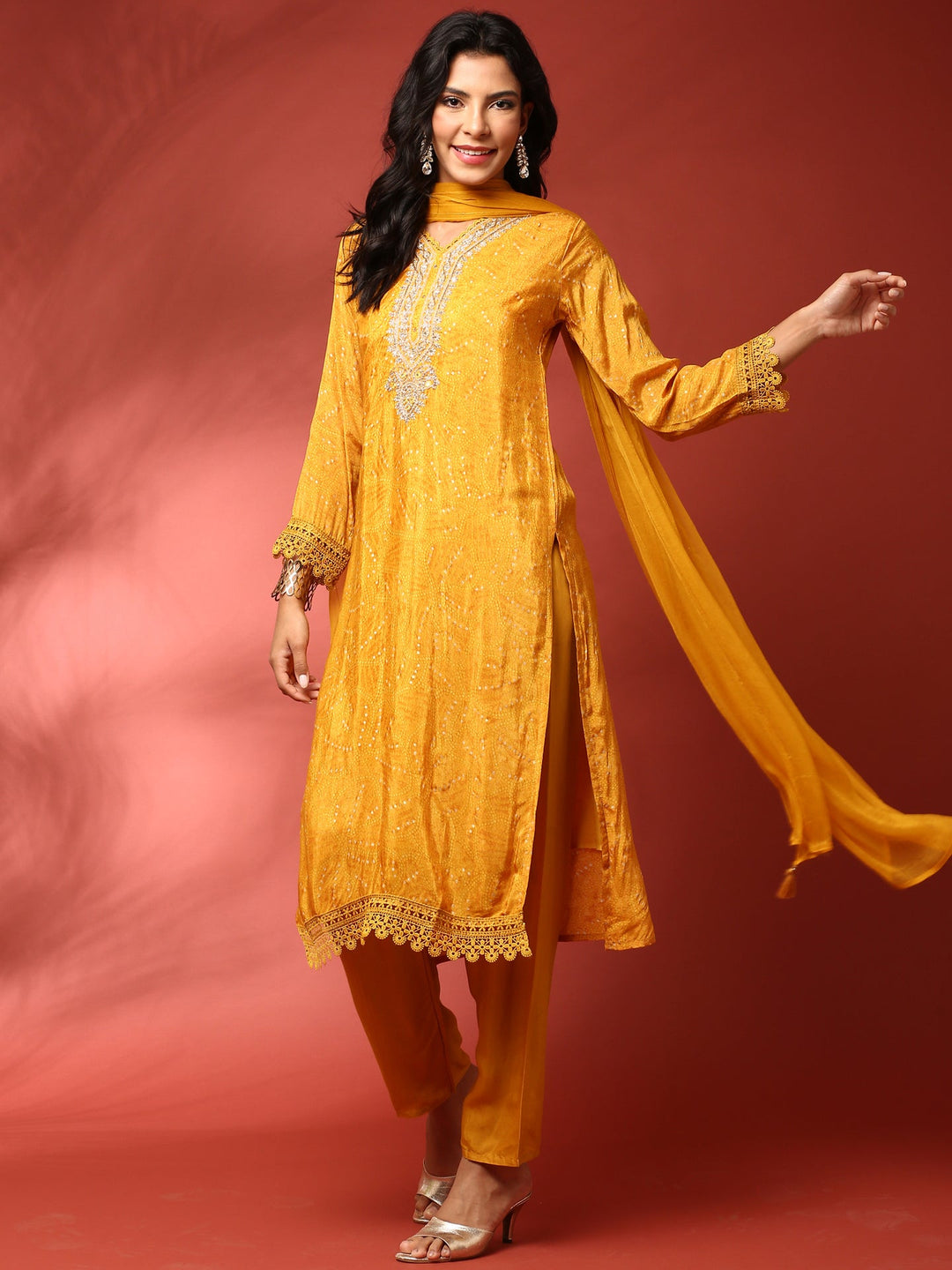 Neerus Yellow Muslin Hand Embroidered Suit Set - front view