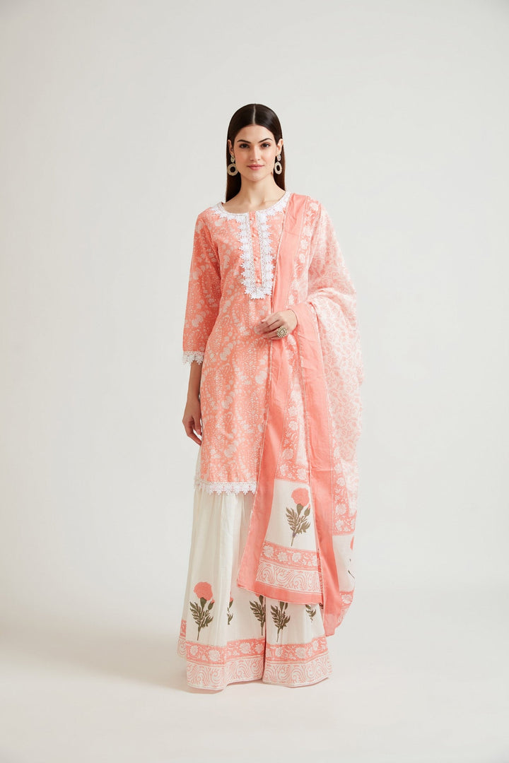 Neerus Pink printed sharara set with dupatta - front view