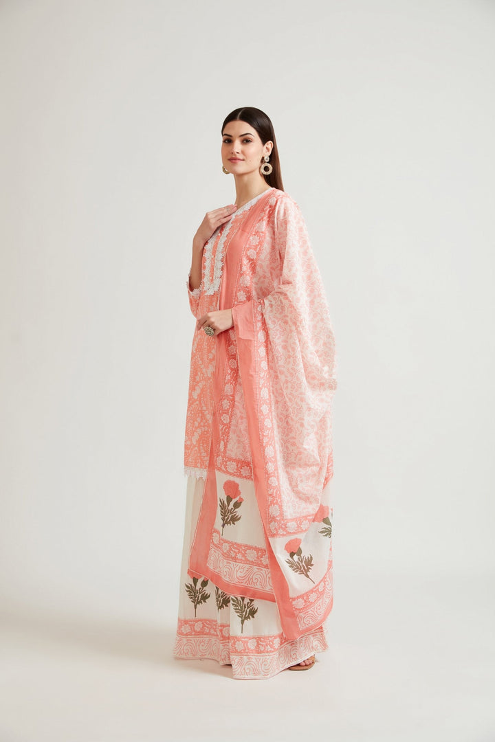 Neerus Pink printed sharara set with dupatta - back view