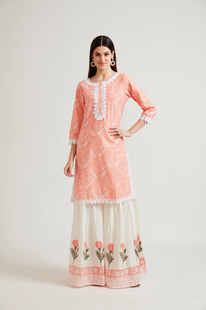 Neerus Pink printed sharara set with dupatta - detail view 2