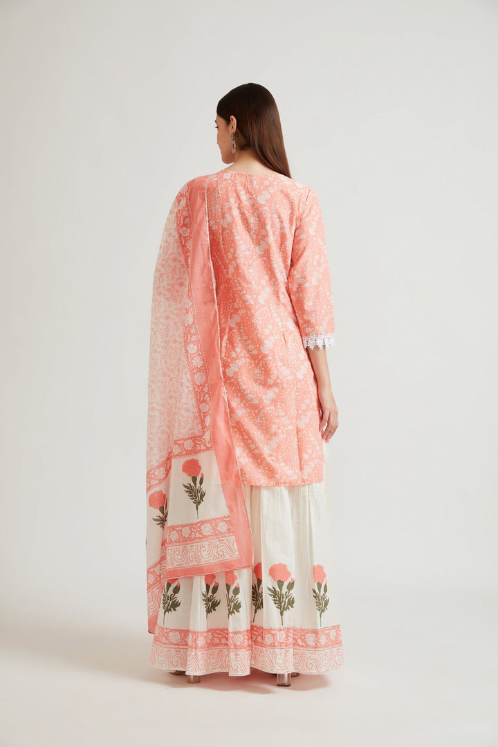 Neerus Pink printed sharara set with dupatta - side view