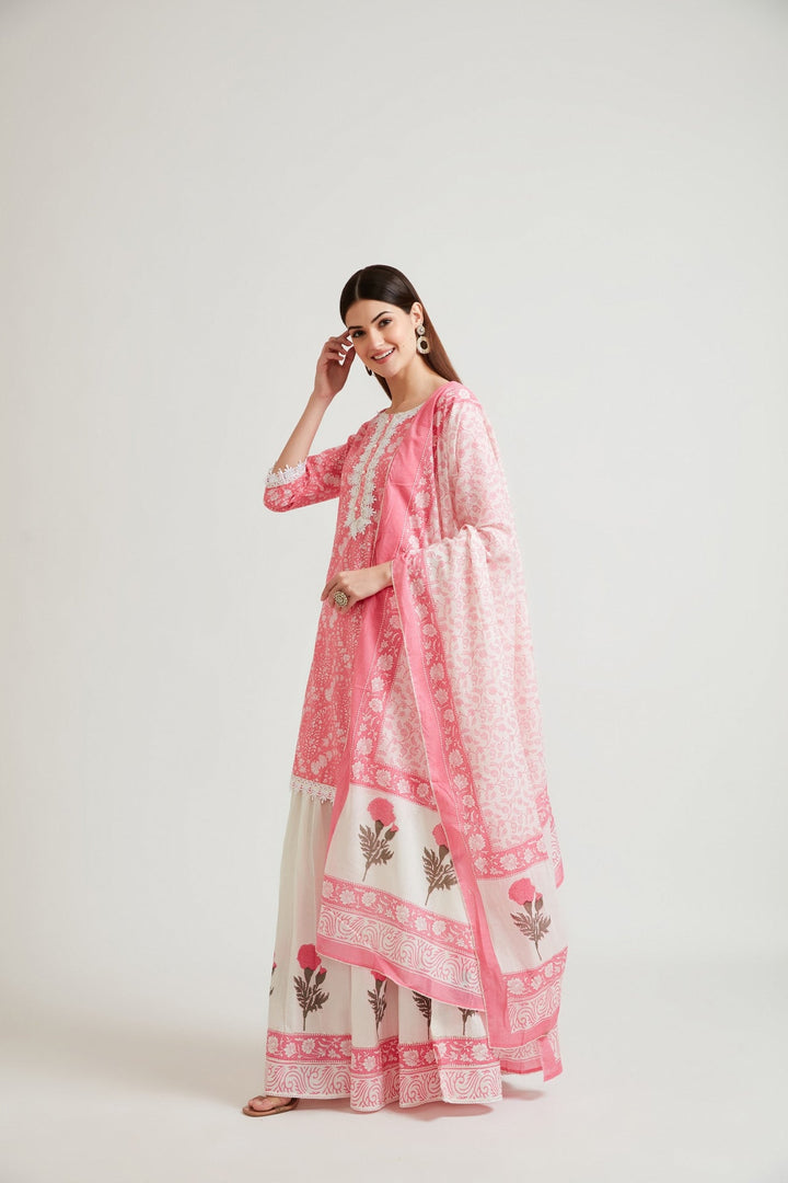 Neerus Pink embroidered sharara set ethnic motifs - back view