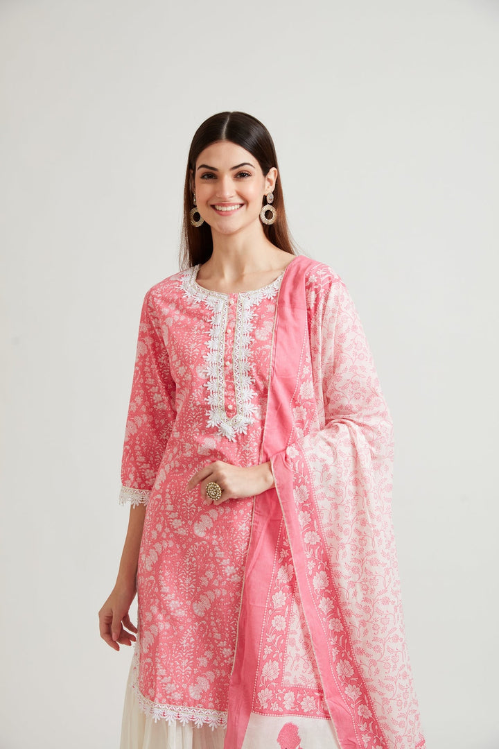 Neerus Pink embroidered sharara set ethnic motifs - detail view 1