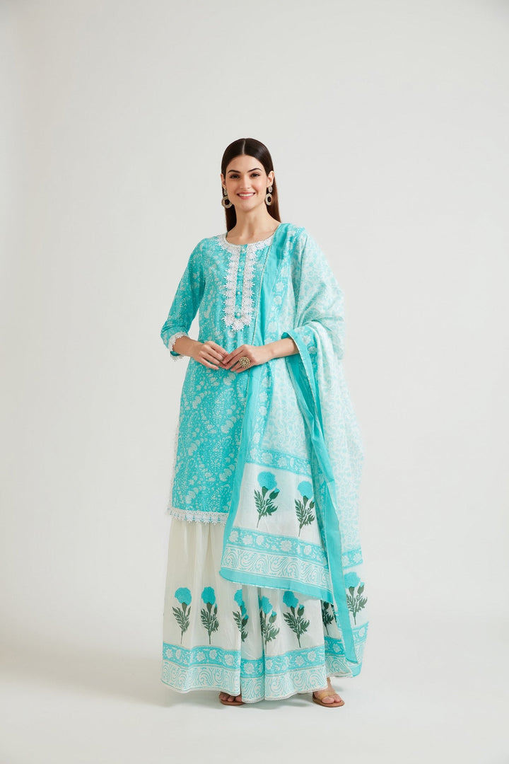 Neerus Blue printed ethnic suit set with churidar and dupatta - front view