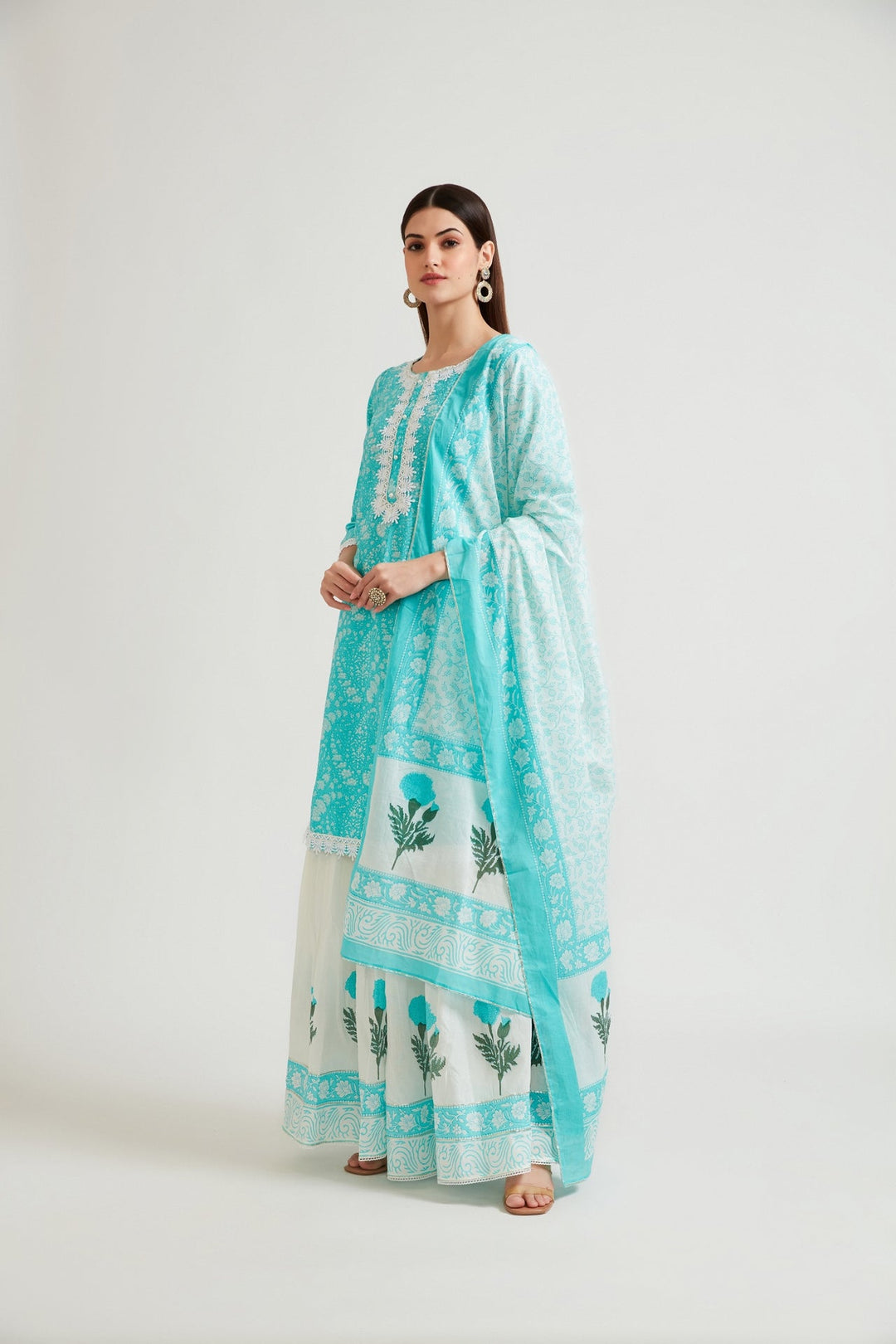 Neerus Blue printed ethnic suit set with churidar and dupatta - back view
