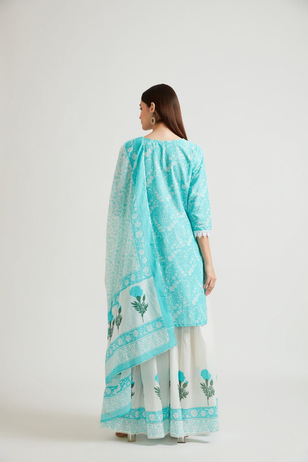 Neerus Blue printed ethnic suit set with churidar and dupatta - side view