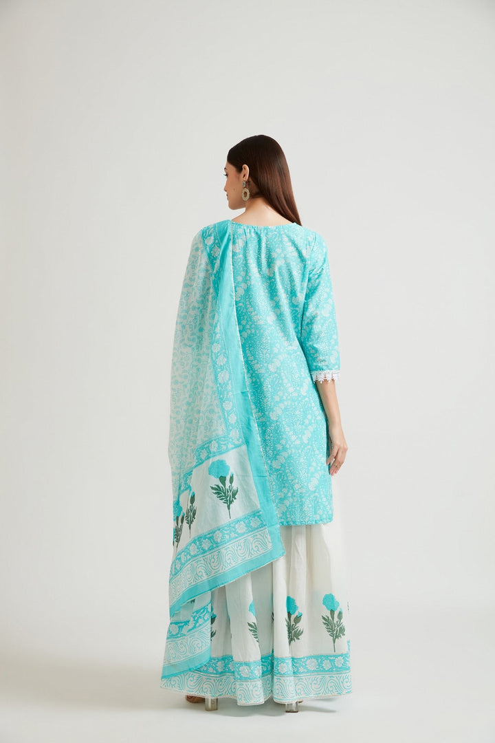 Neerus Blue printed ethnic suit set with churidar and dupatta - side view