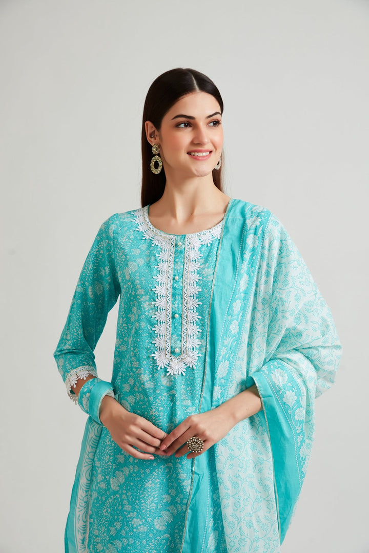 Neerus Blue printed ethnic suit set with churidar and dupatta - detail view 2