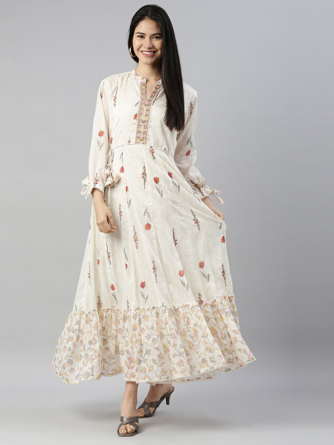 Neerus Orange printed A-Line kurta floral ethnic wear - front view