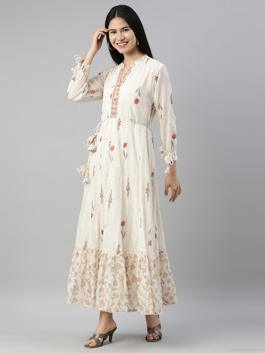 Neerus Orange printed A-Line kurta floral ethnic wear - back view