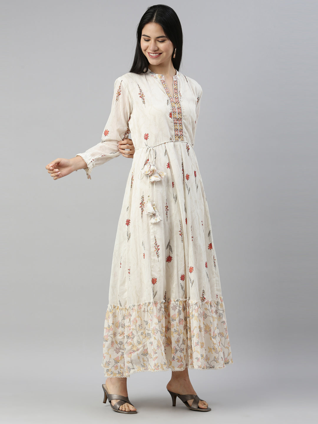 Neerus Orange printed A-Line kurta floral ethnic wear - side view
