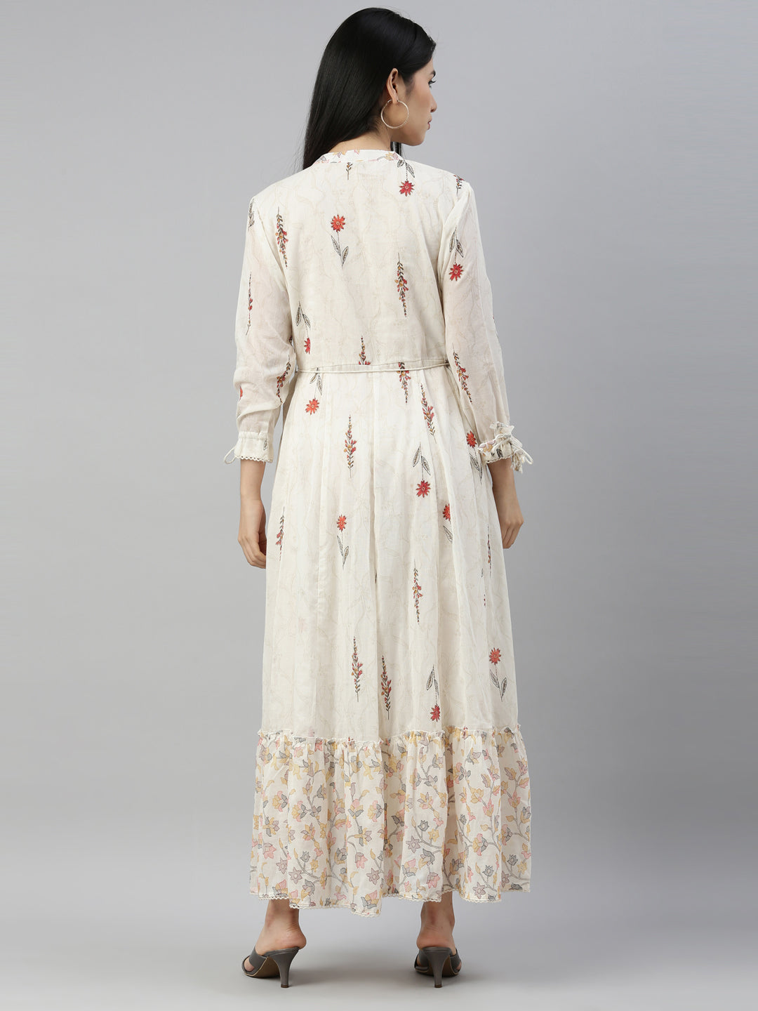 Neerus Orange printed A-Line kurta floral ethnic wear - detail view 1
