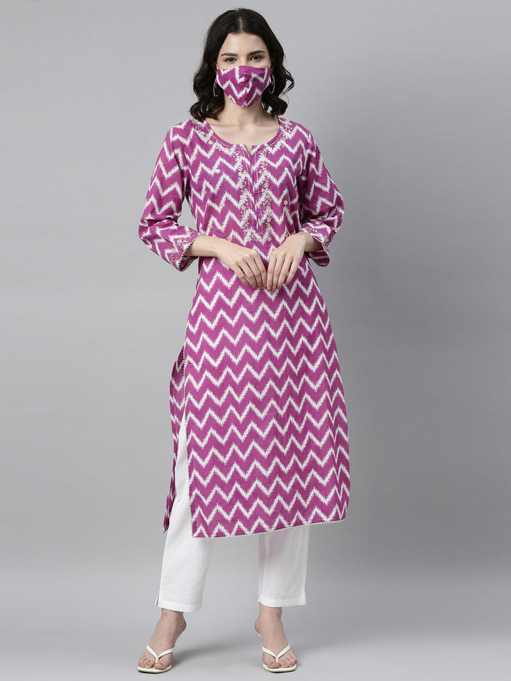Neerus Purple thread embroidered printed kurta set - front view